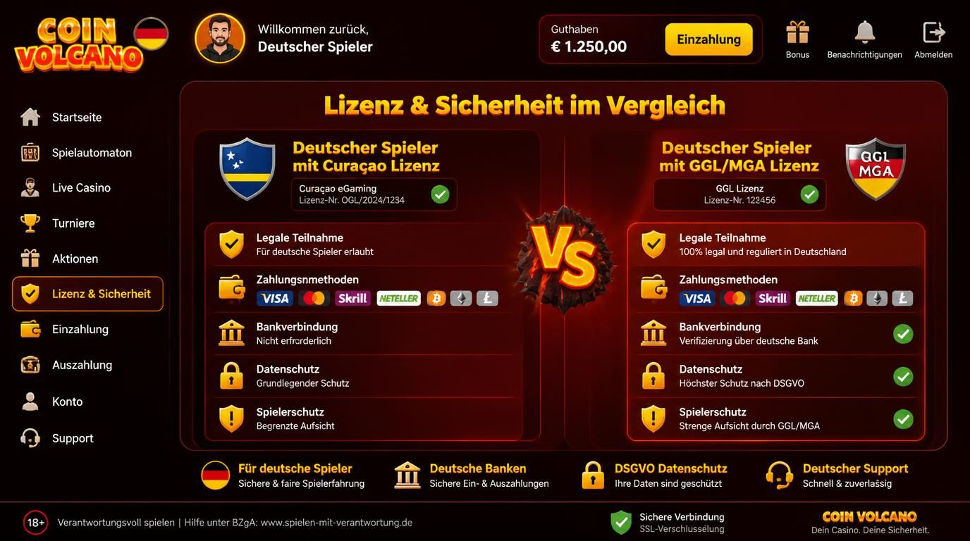 Alt: Spieler vergleicht Lizenzen und Zahlungsmethoden bei Coin Volcano in Deutschland.
