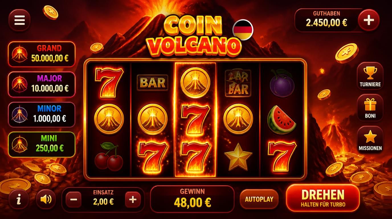 Casino-Oberfläche mit Vulkan- und Münzmotiven, Slot-Walzen und Bedien-Elementen in klarer mobile-freundlicher Ansicht.