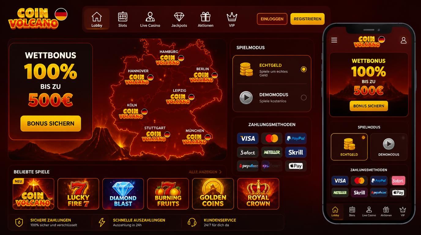 Karte Deutschlands mit Casino-Anbietern, Zahlungsmethoden und Echtgeld-/Demo-Spiel-Modus.