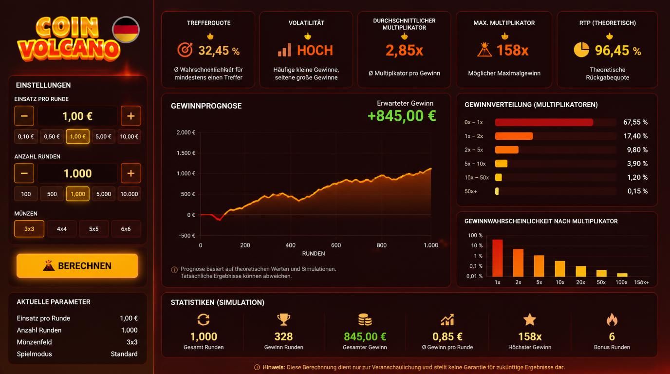 Rechner-Dashboard mit Einsatz, Trefferquote, Volatilität und Multiplikator-Daten.